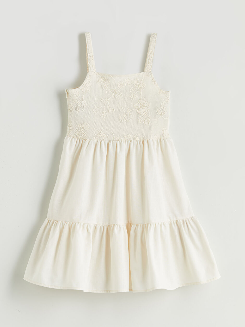 Ekru Kare Yaka Çiçekli Kız Çocuk Elbise