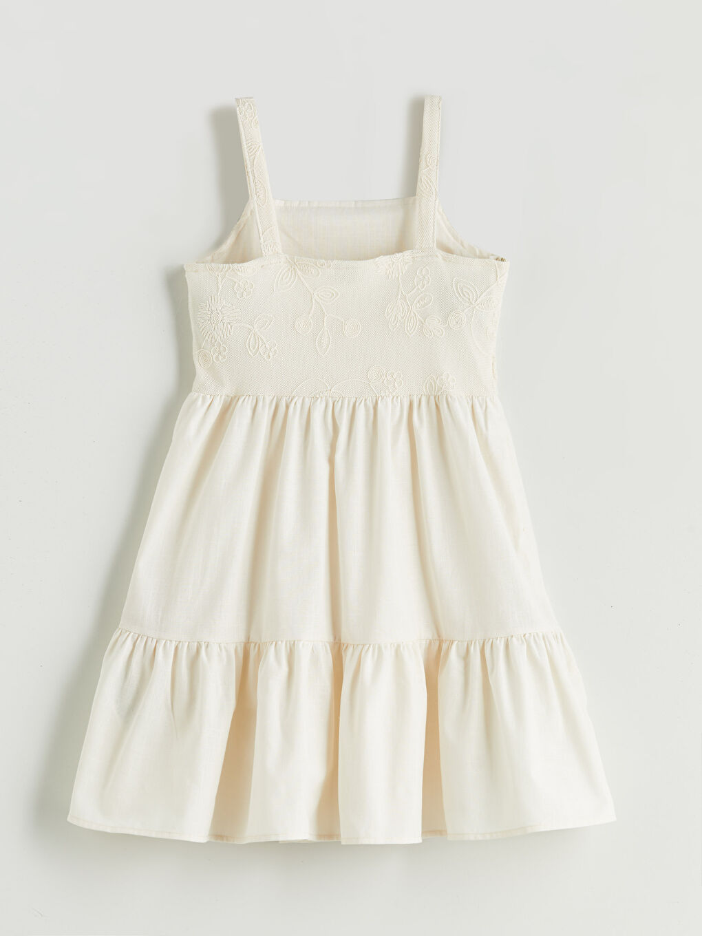 Ekru Kare Yaka Çiçekli Kız Çocuk Elbise-1