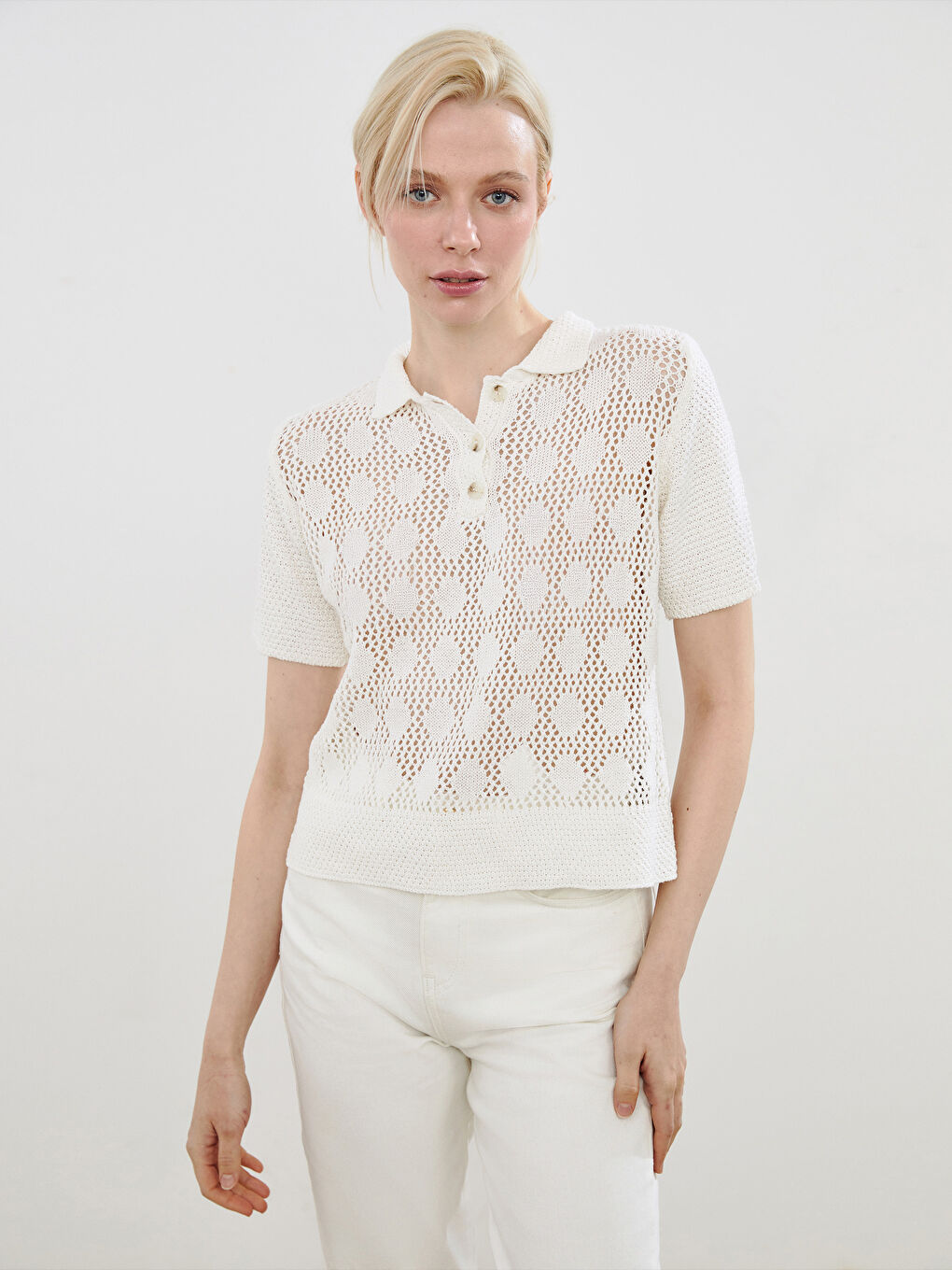 Bej Polo Yaka Ajurlu Kadın Triko Kazak