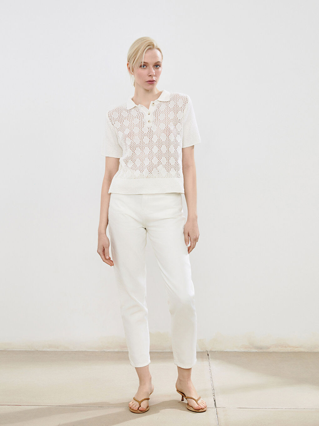 Bej Polo Yaka Ajurlu Kadın Triko Kazak-1