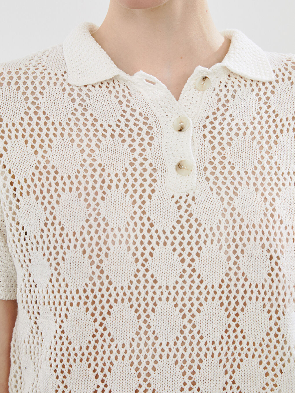 Bej Polo Yaka Ajurlu Kadın Triko Kazak-2