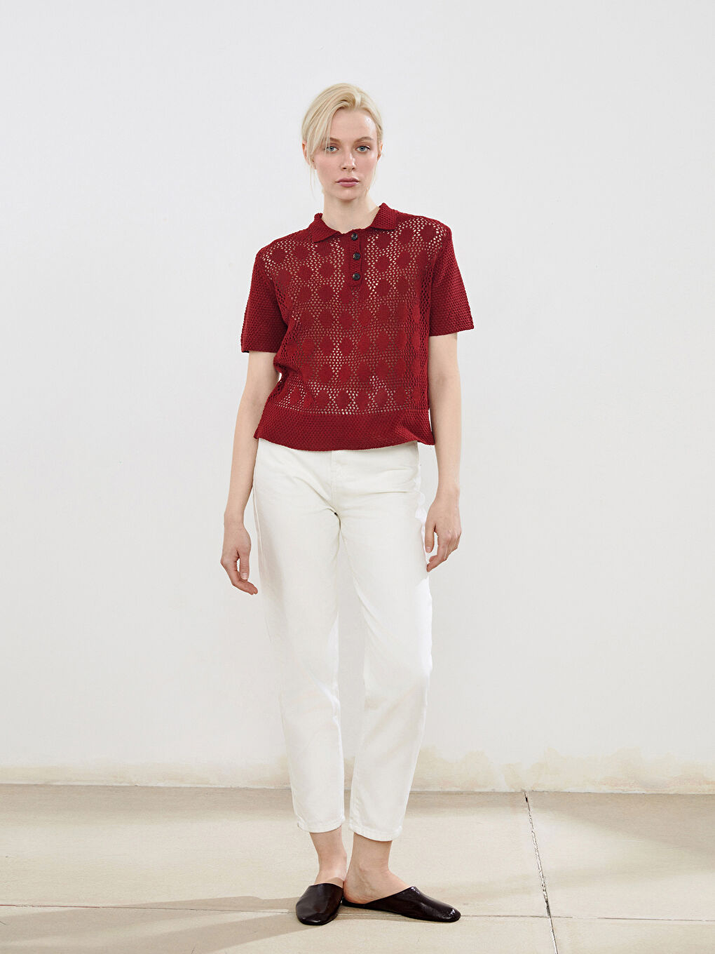 Bordo Polo Yaka Ajurlu Kadın Triko Kazak-1