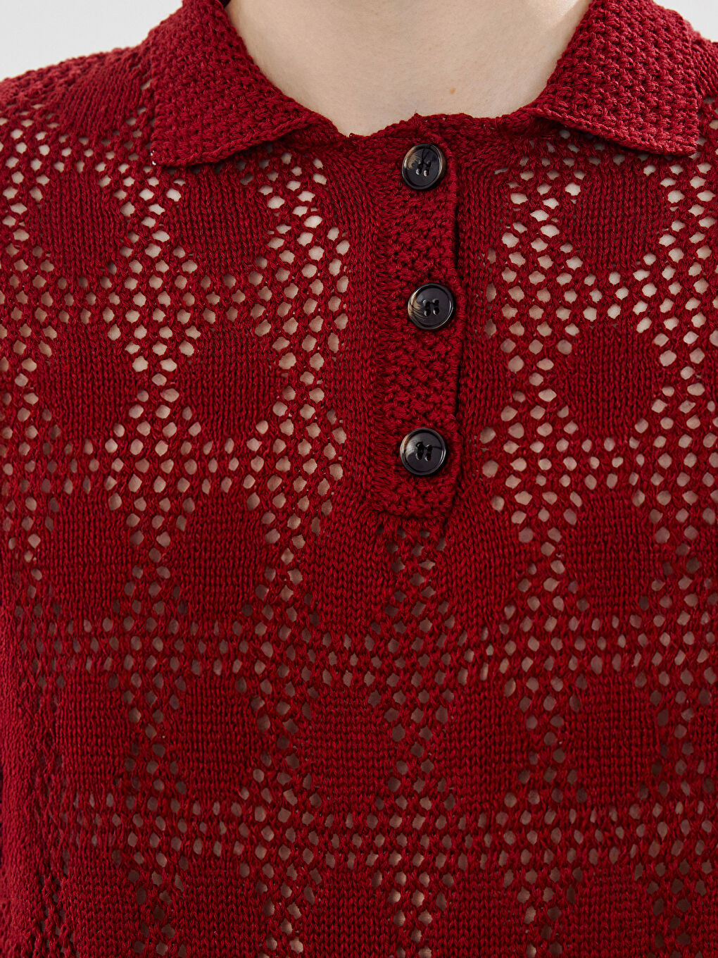 Bordo Polo Yaka Ajurlu Kadın Triko Kazak-2