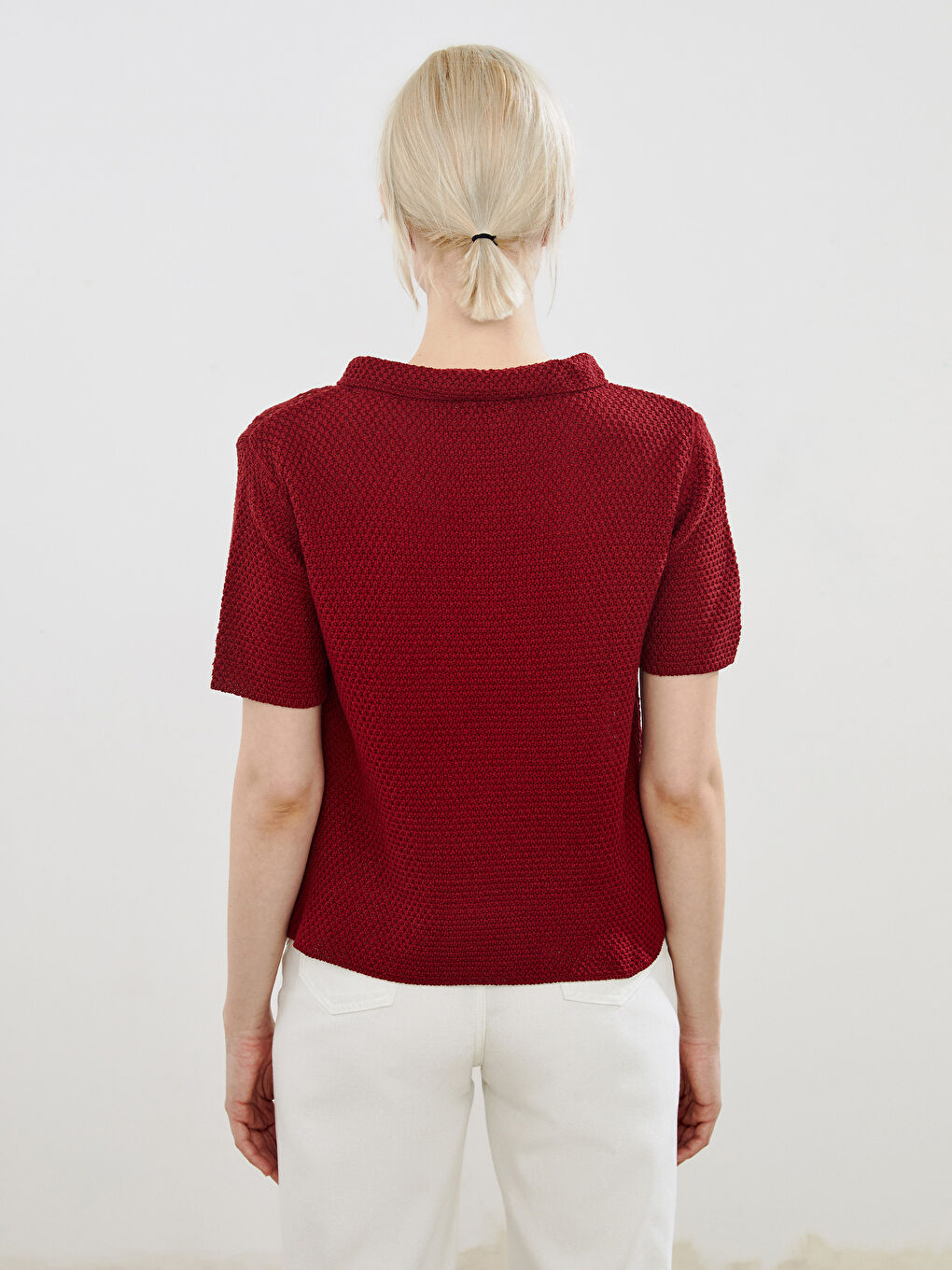 Bordo Polo Yaka Ajurlu Kadın Triko Kazak-3