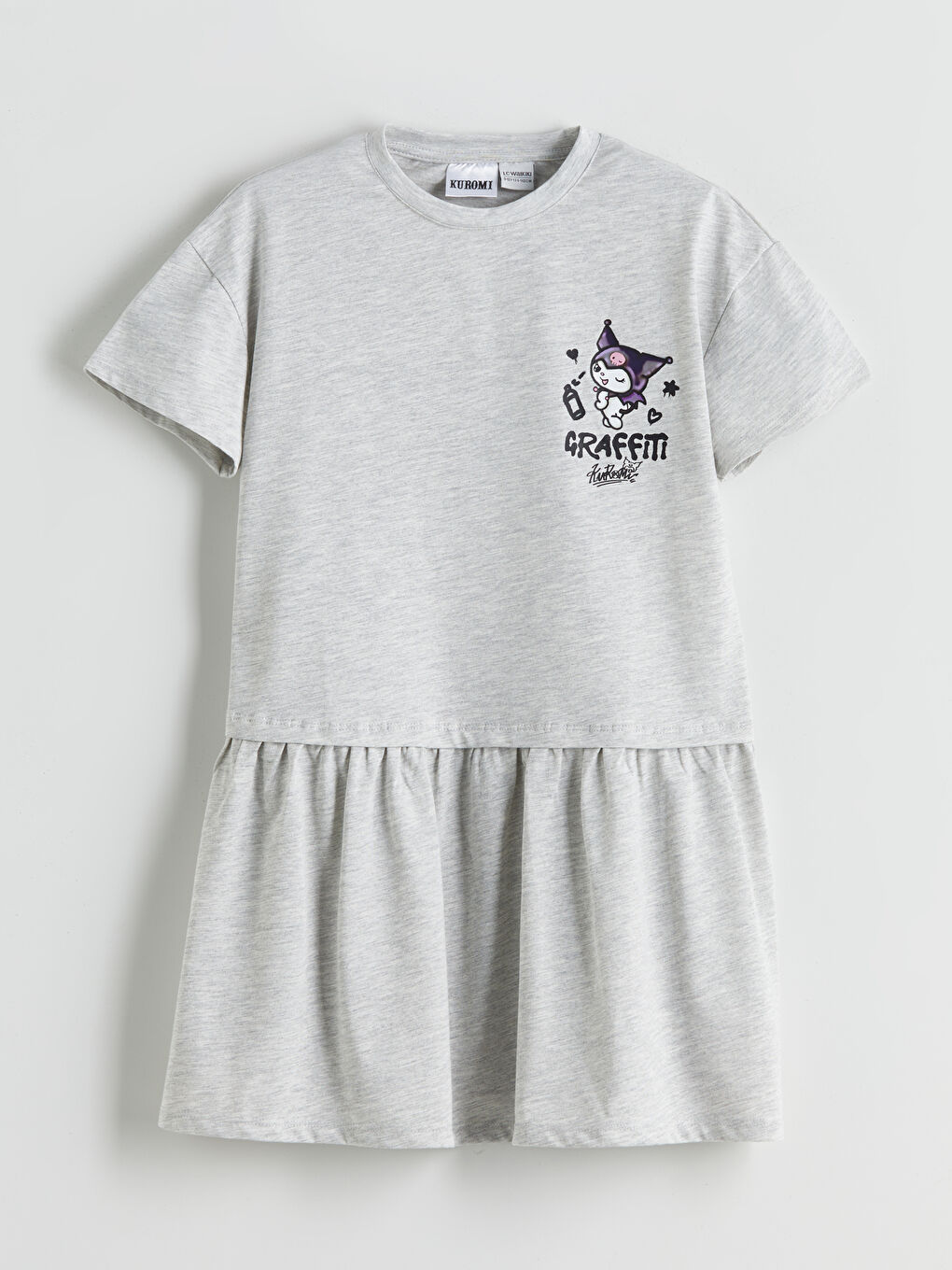 Gri Bisiklet Yaka Kuromi Baskılı Kız Çocuk Elbise-1