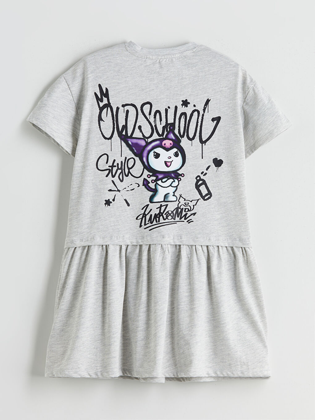 Gri Bisiklet Yaka Kuromi Baskılı Kız Çocuk Elbise-2