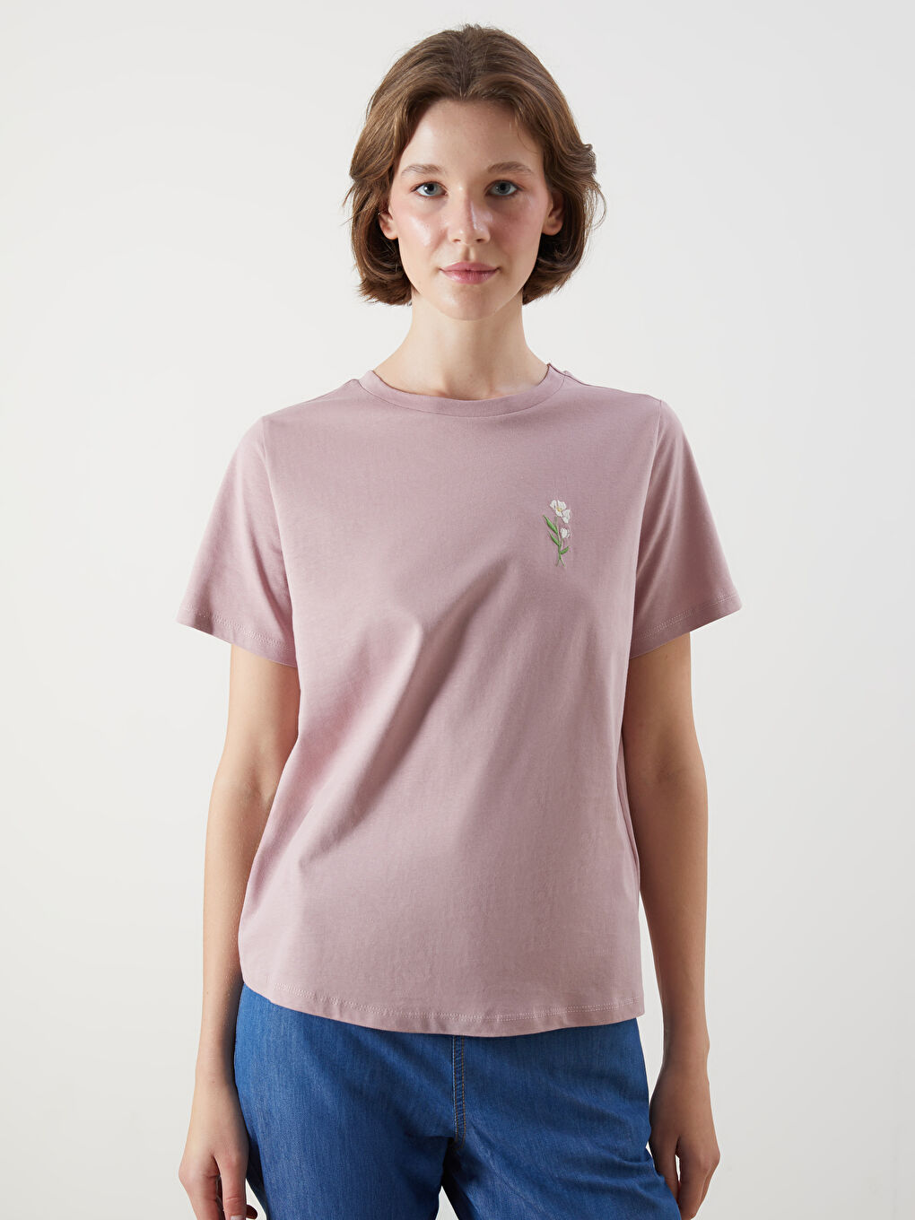 Crew Neck Floral Embroidered Women's T-Shirt -S5PF32Z8-GJR