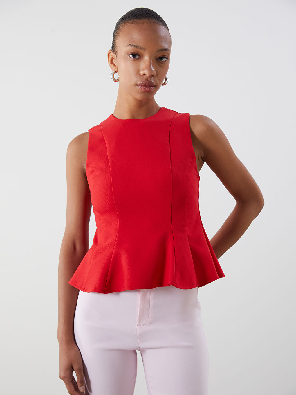 Crew Neck Peplum Blouse -S5PG10Z8-D3T