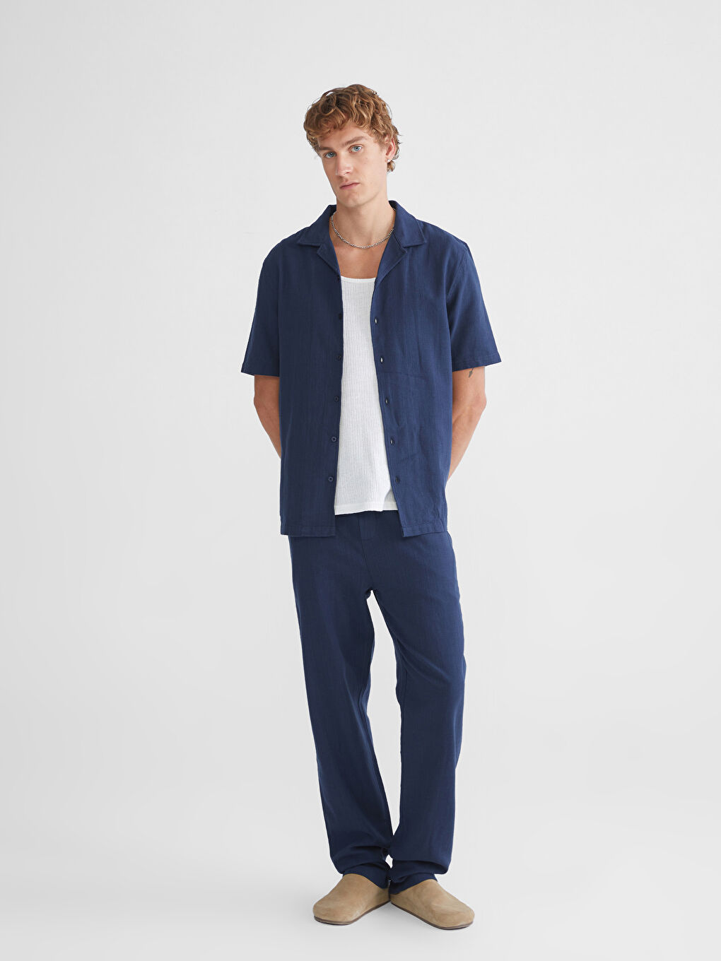 Lacivert Rahat Kalıp Resort Yaka Kısa Kollu Erkek Gömlek-2