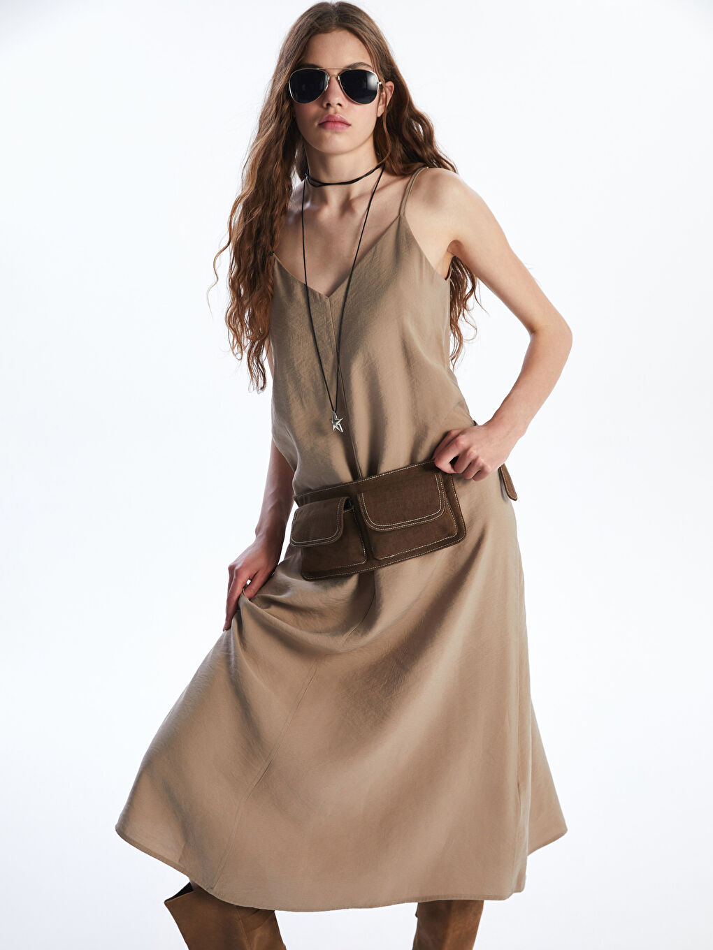 Kahverengi V Yaka Modal Karışımlı Elbise-1