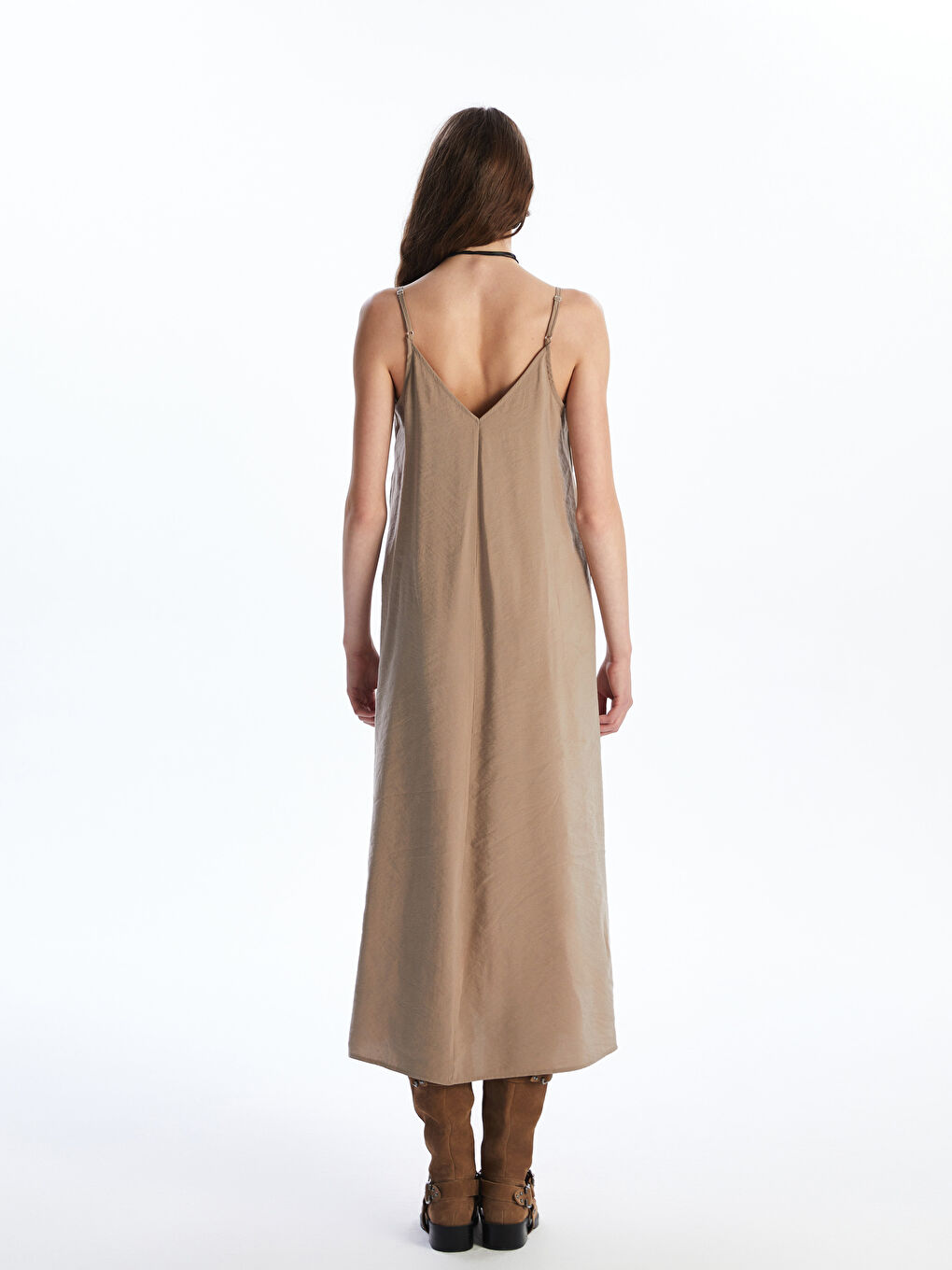 Kahverengi V Yaka Modal Karışımlı Elbise-3