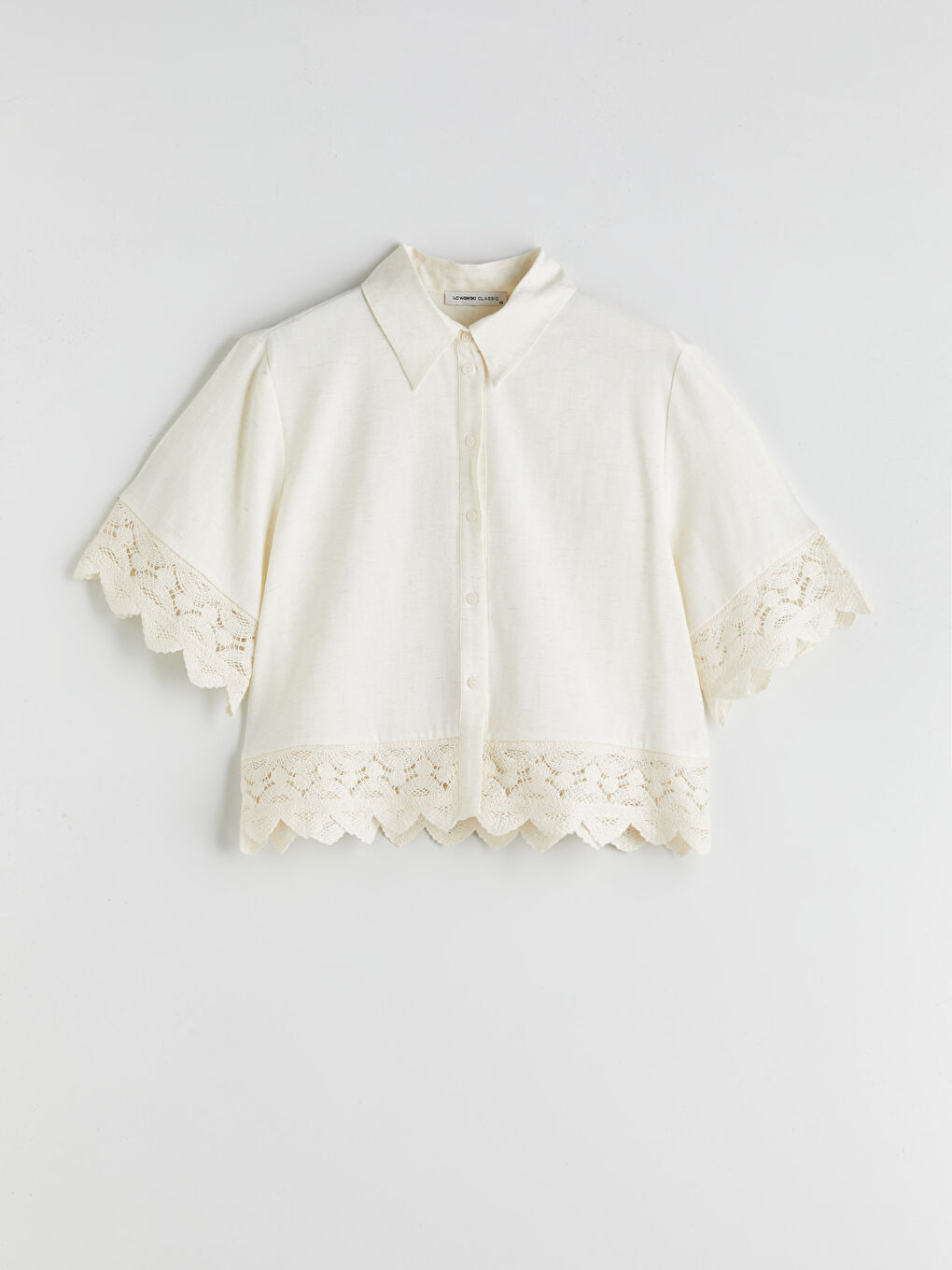 Ekru Kroşe Detaylı Keten Karışımlı Kadın Gömlek-6