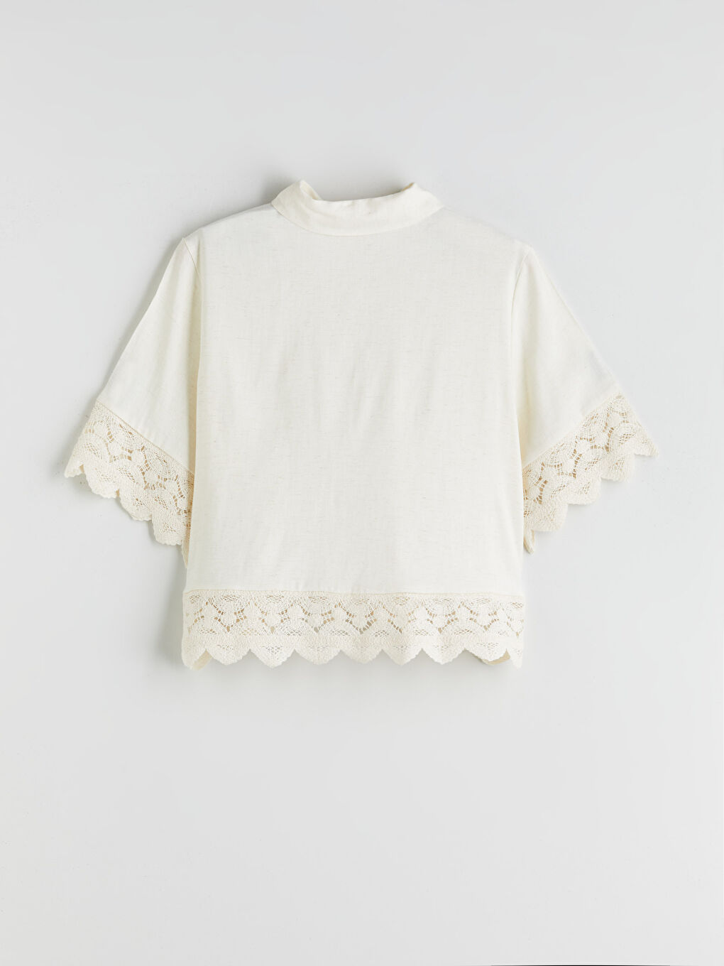 Ekru Kroşe Detaylı Keten Karışımlı Kadın Gömlek-7