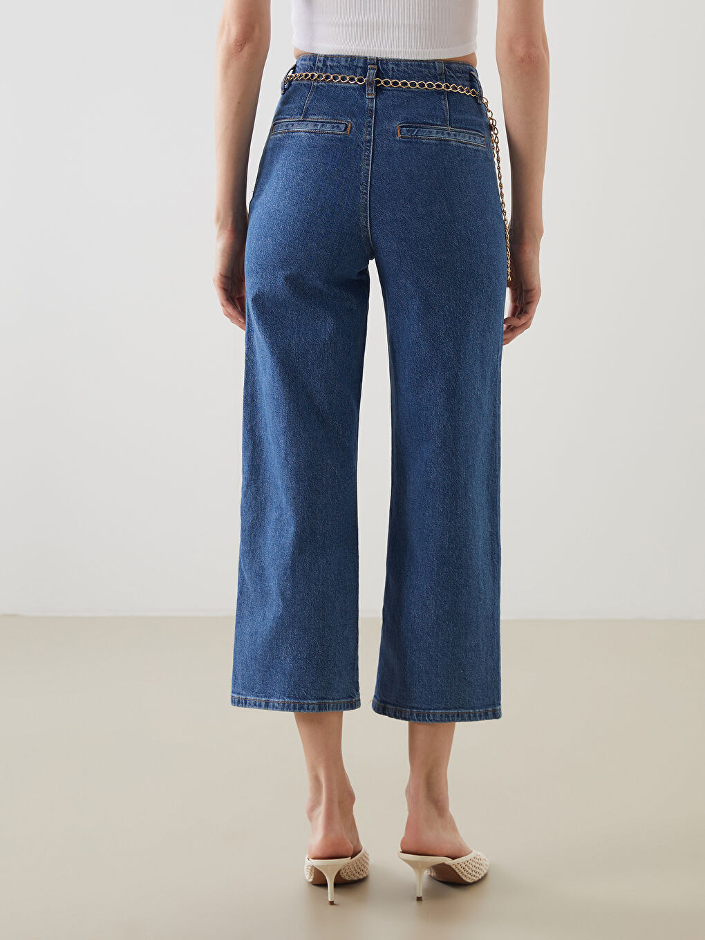 İndigo Beli Kemerli Wideleg Kadın Jean Pantolon-3