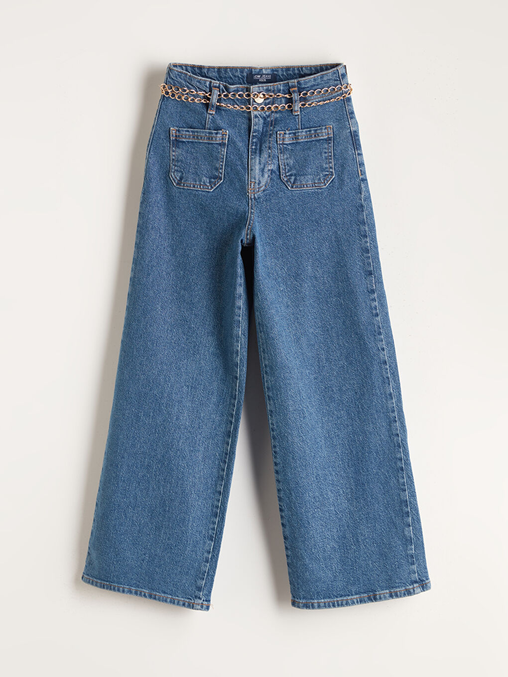 İndigo Beli Kemerli Wideleg Kadın Jean Pantolon-4