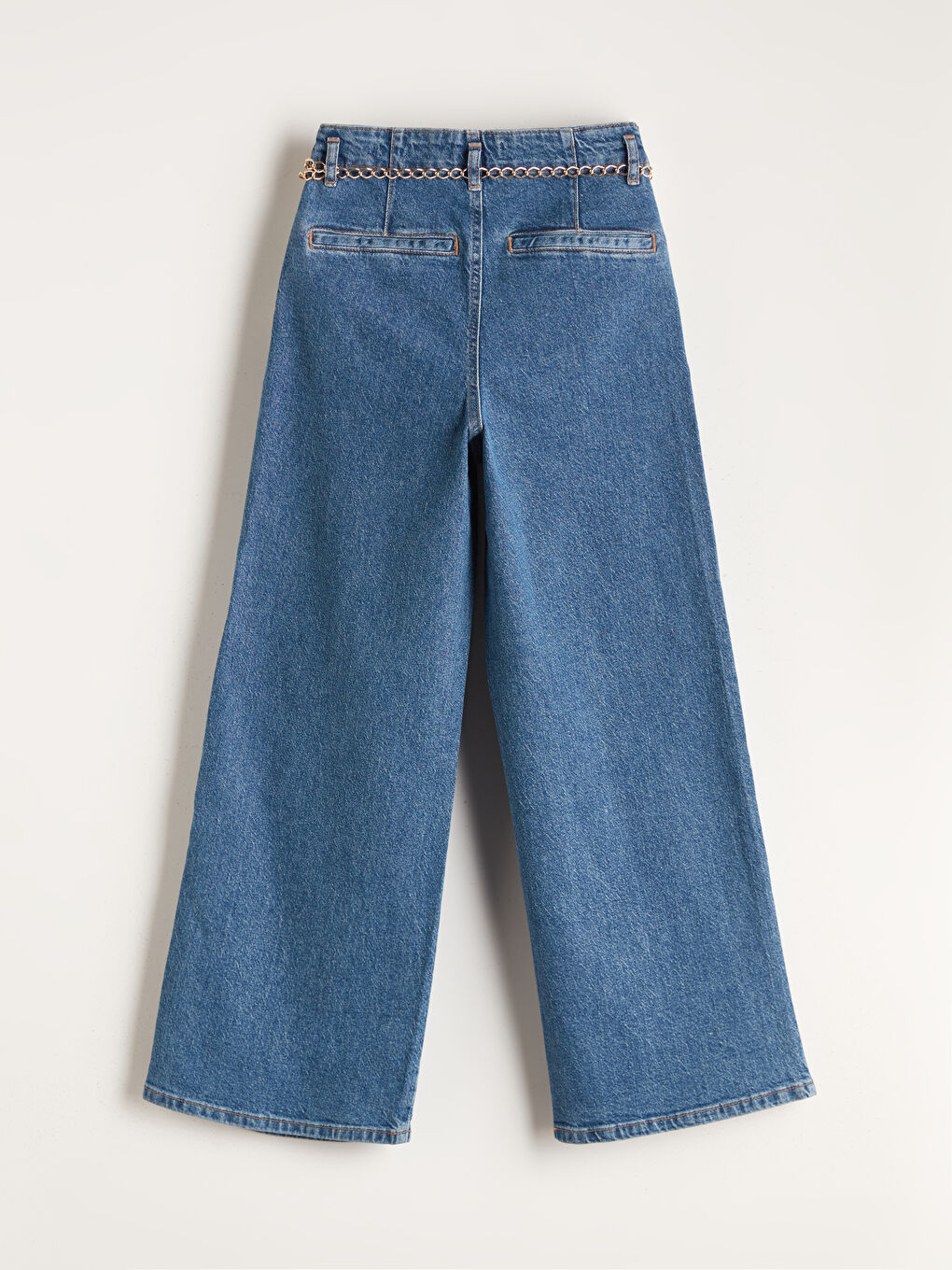 İndigo Beli Kemerli Wideleg Kadın Jean Pantolon-5