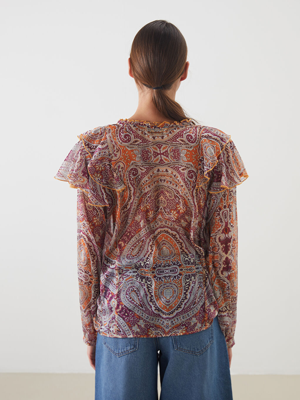 Turuncu Bağlamalı Yaka Desenli Bluz-3