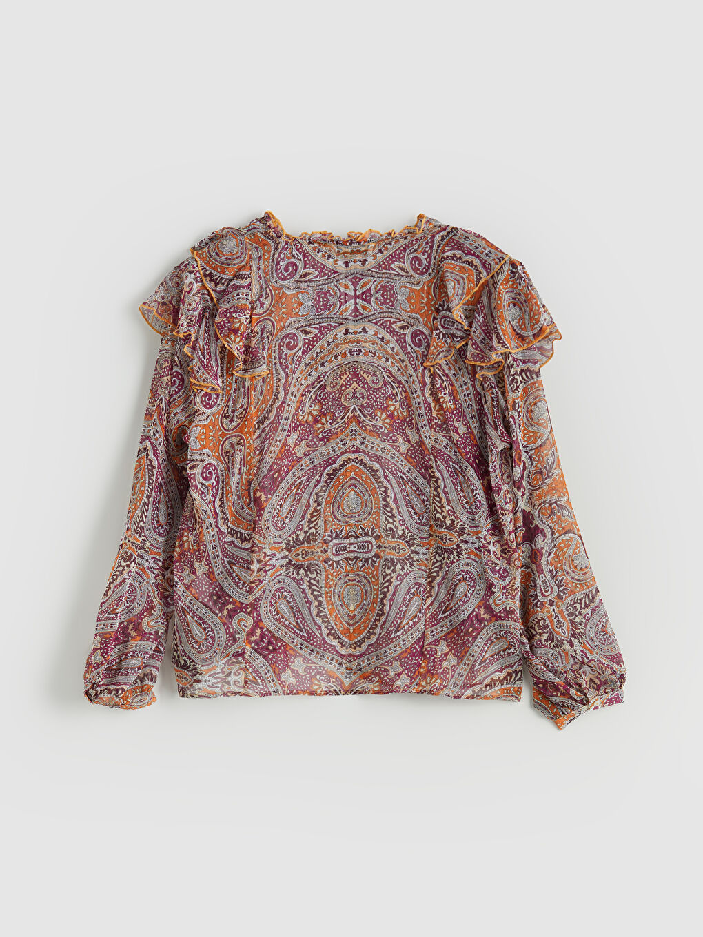 Turuncu Bağlamalı Yaka Desenli Bluz-5