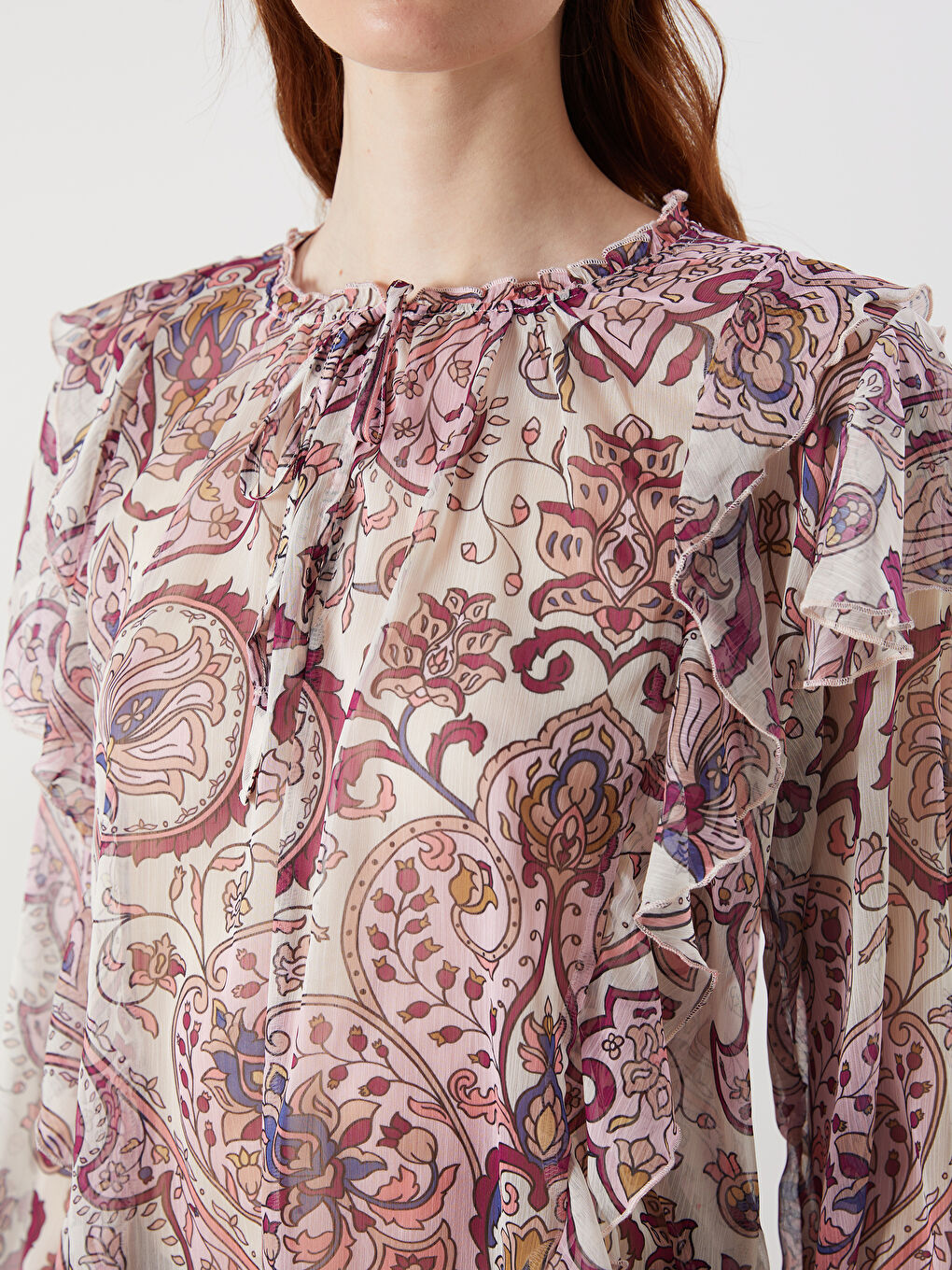 Pembe Bağlamalı Yaka Desenli Bluz-2