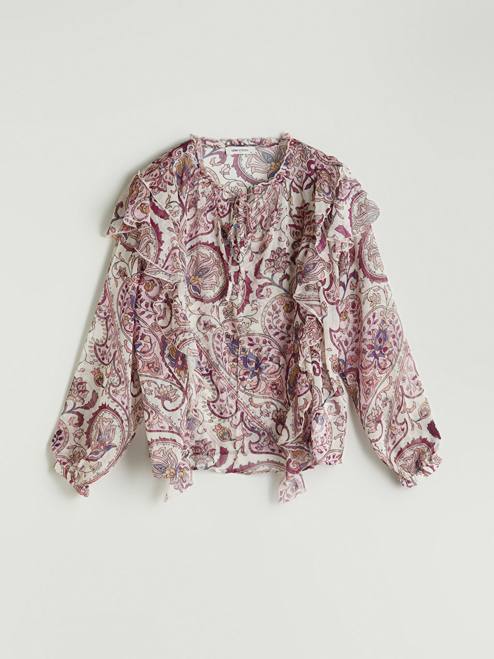 Pembe Bağlamalı Yaka Desenli Bluz-4