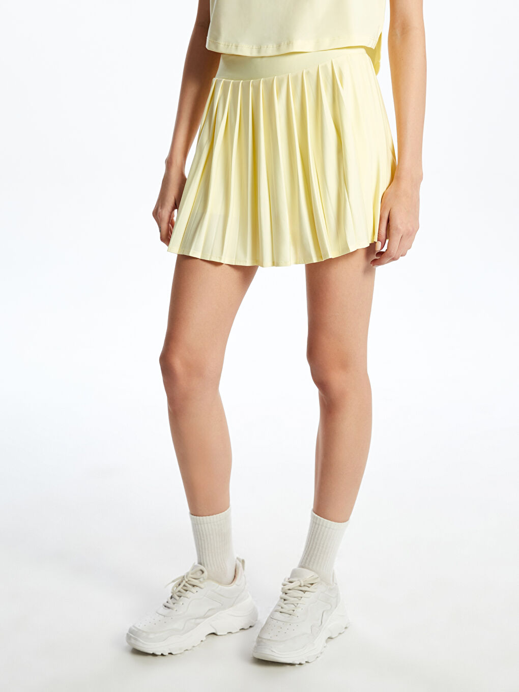 Sarı Beli Lastikli Pileli Mini Spor Şort Etek-1