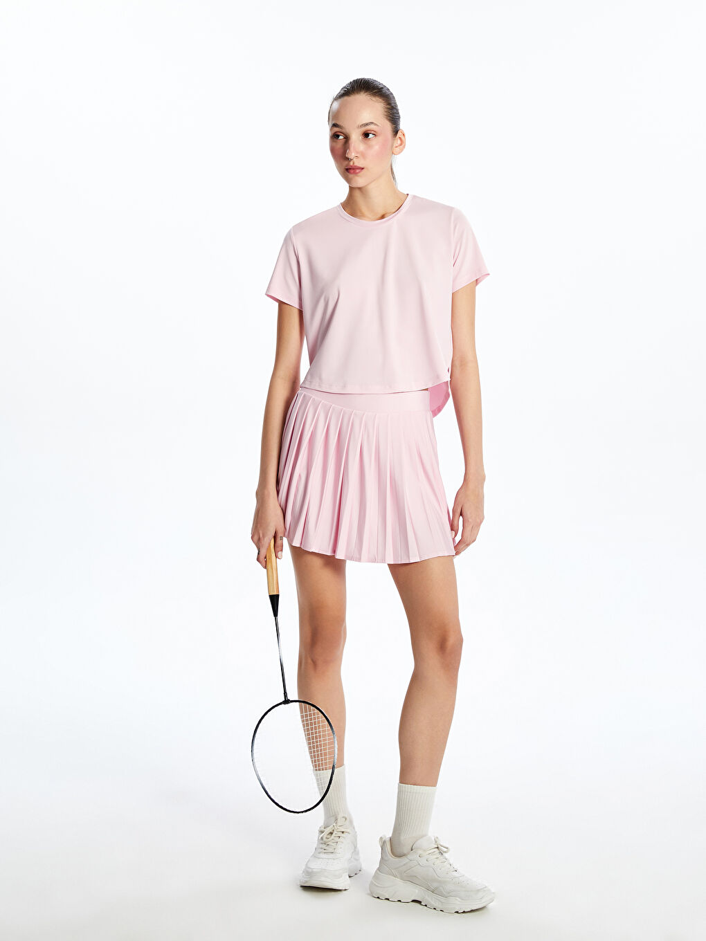 Pembe Bisiklet Yaka Kadın Spor Tişört-1