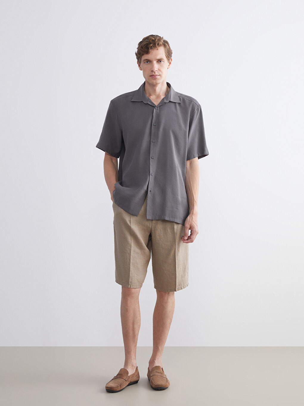 Antrasit Regular Fit Kısa Kollu Armürlü Erkek Gömlek-1