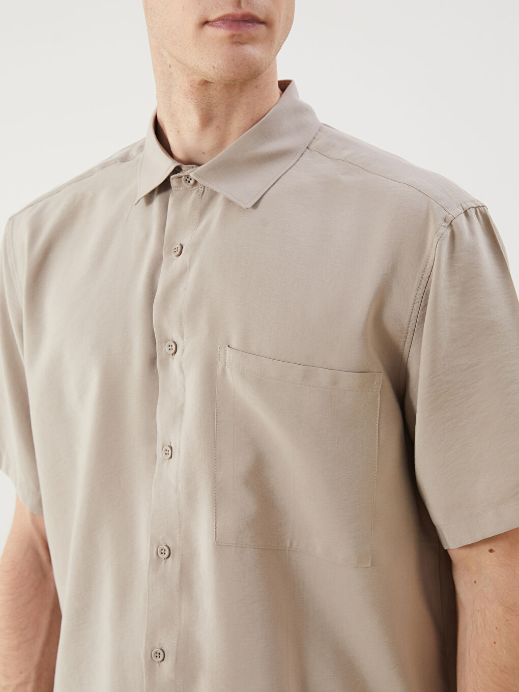 Bej Regular Fit Kısa Kollu Armürlü Erkek Gömlek-2