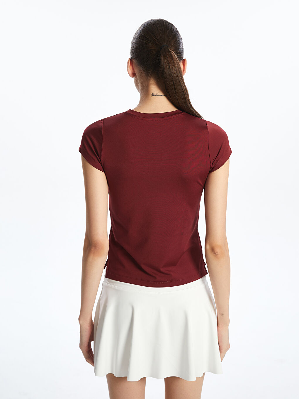 Bordo Bisiklet Yaka Kadın Spor Tişört-3