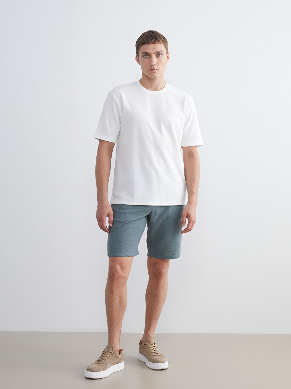 Ekru Bisiklet Yaka Kısa Kollu Erkek Tişört-2