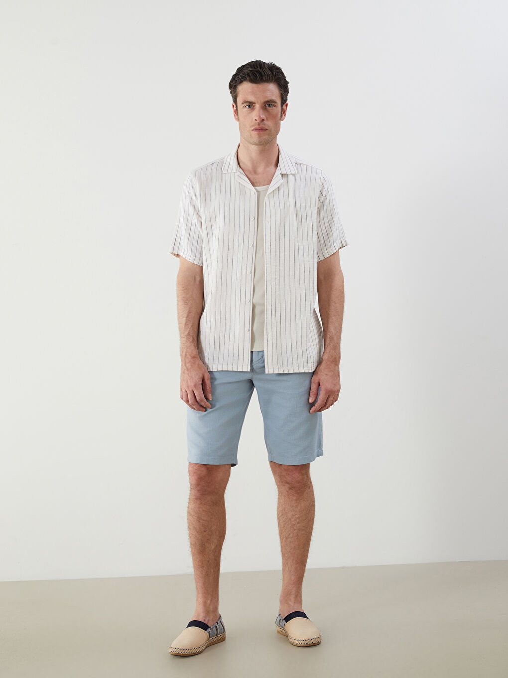 Lacivert Regular Fit Kısa Kollu Çizgili Erkek Gömlek
