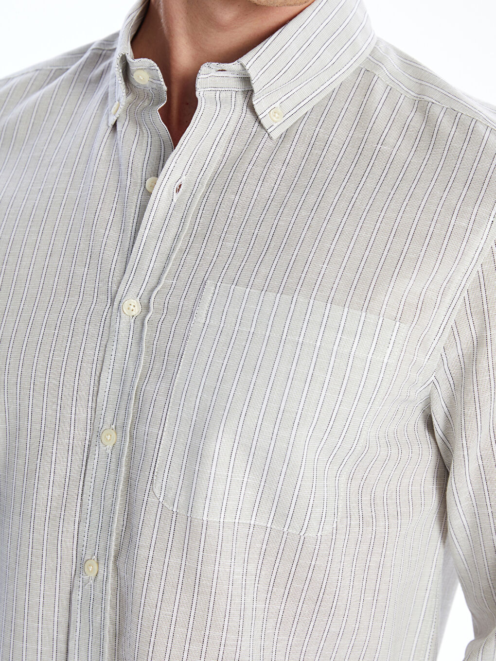 قميص رجالي كم طويل مخطط خليط كتان عادي-2