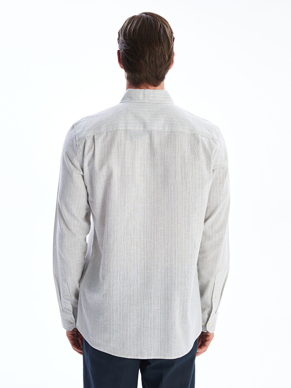 قميص رجالي كم طويل مخطط خليط كتان عادي-3