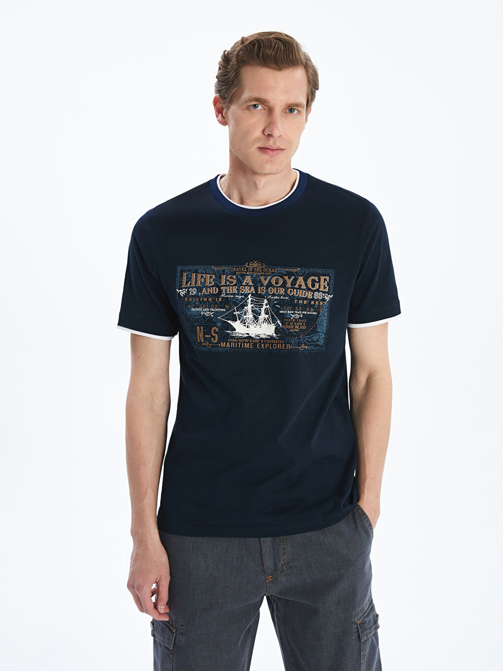 T-shirt en Jersey Imprimé à Col Rond pour Hommes