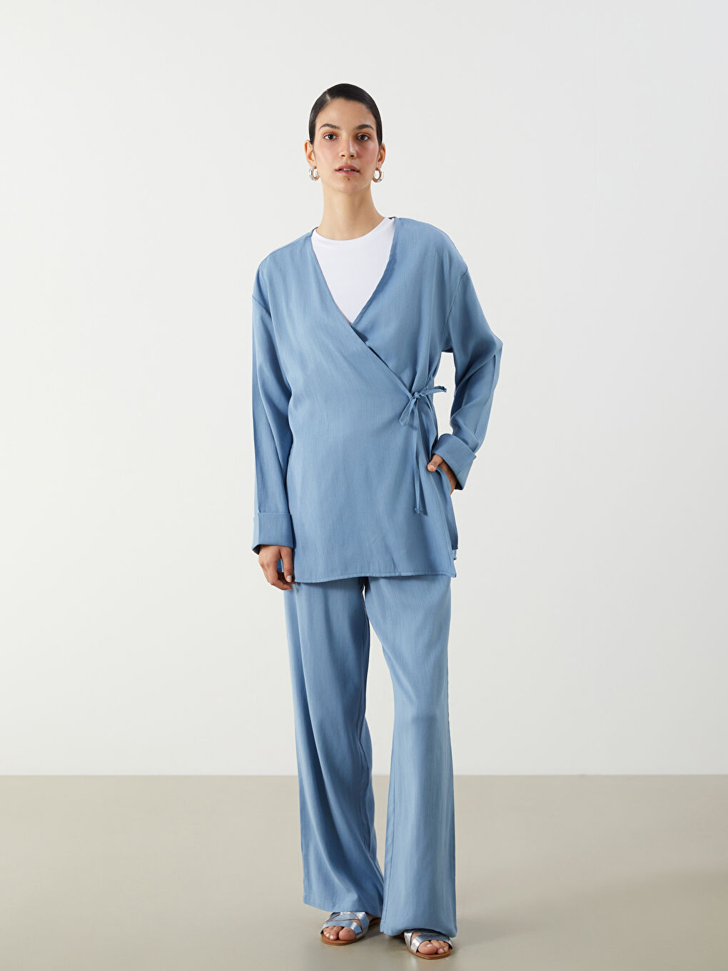 Mavi Beli Lastikli Keten Karışımlı Kadın Pantolon