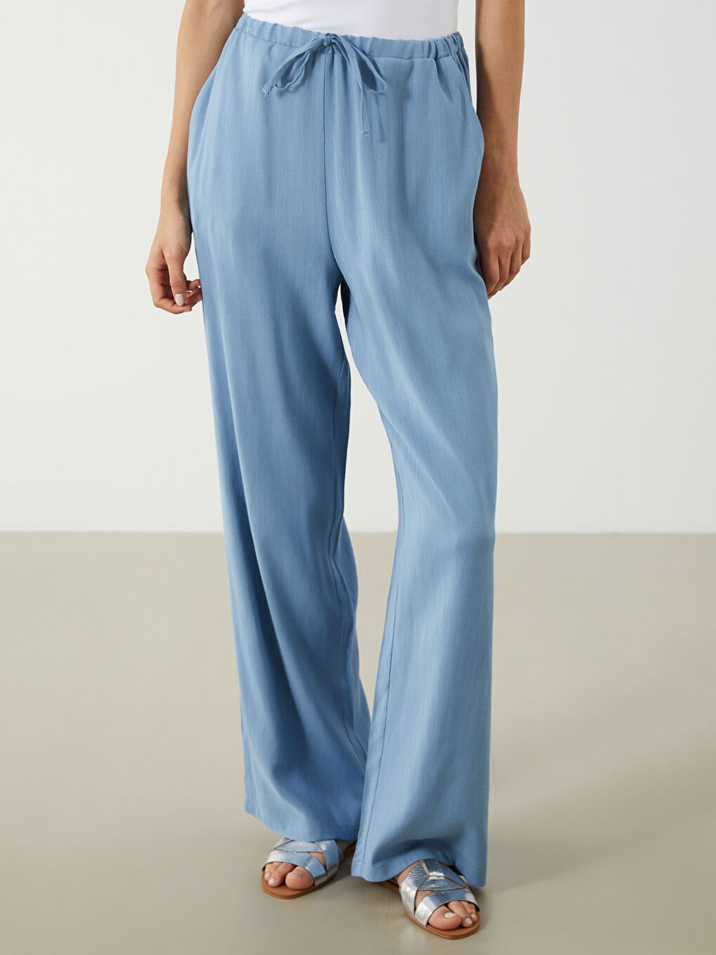 Mavi Beli Lastikli Keten Karışımlı Kadın Pantolon-1