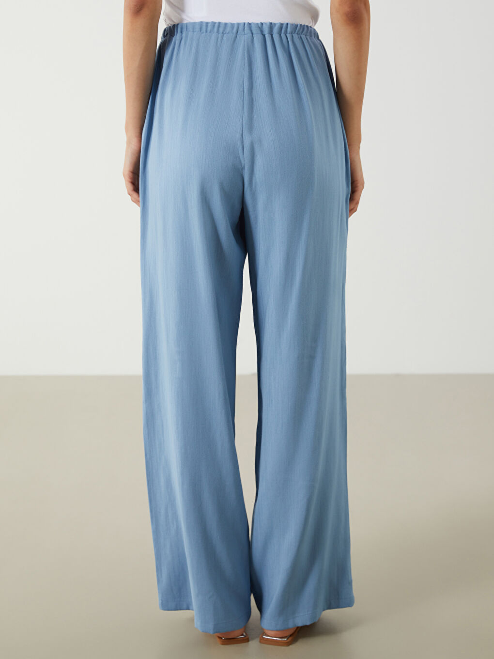 Mavi Beli Lastikli Keten Karışımlı Kadın Pantolon-3