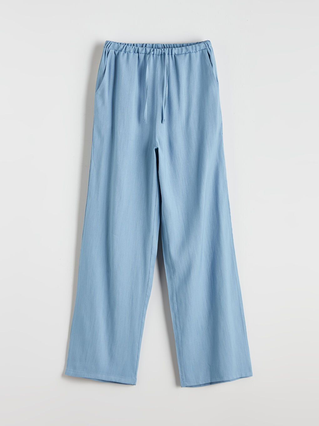 Mavi Beli Lastikli Keten Karışımlı Kadın Pantolon-4