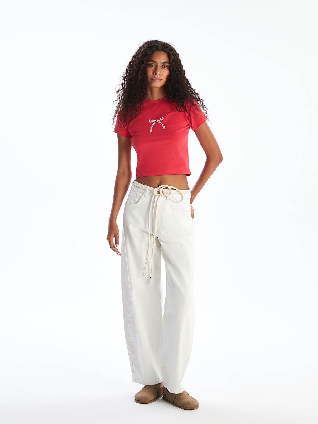 Kırmızı Bisiklet Yaka Kurdele Baskılı Crop-1