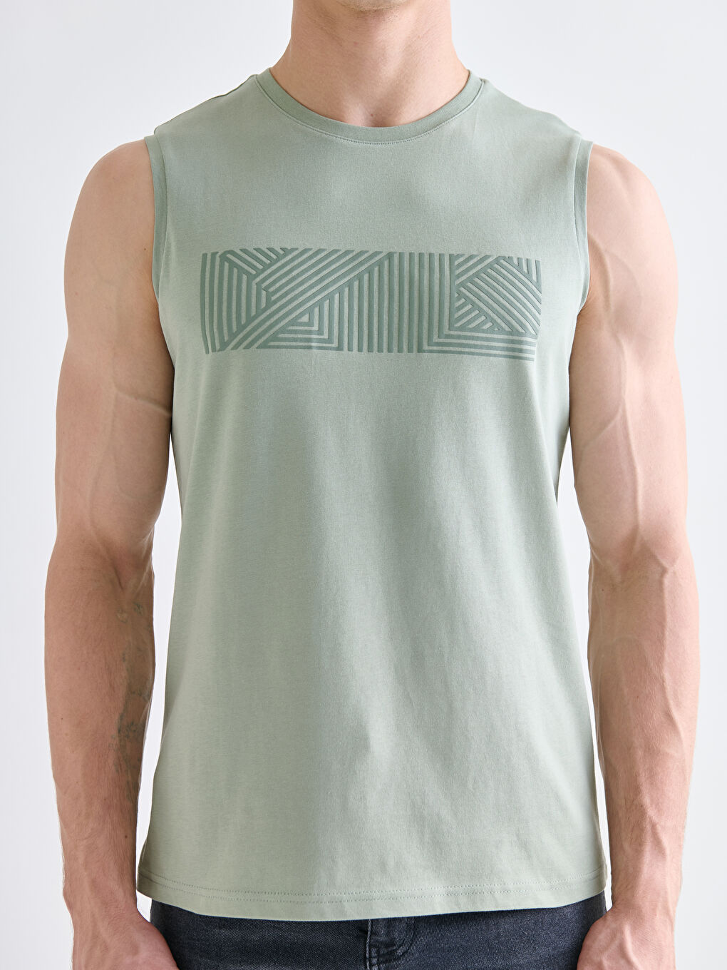 Yeşil Bisiklet Yaka Baskılı Erkek Kolsuz Tişört-5