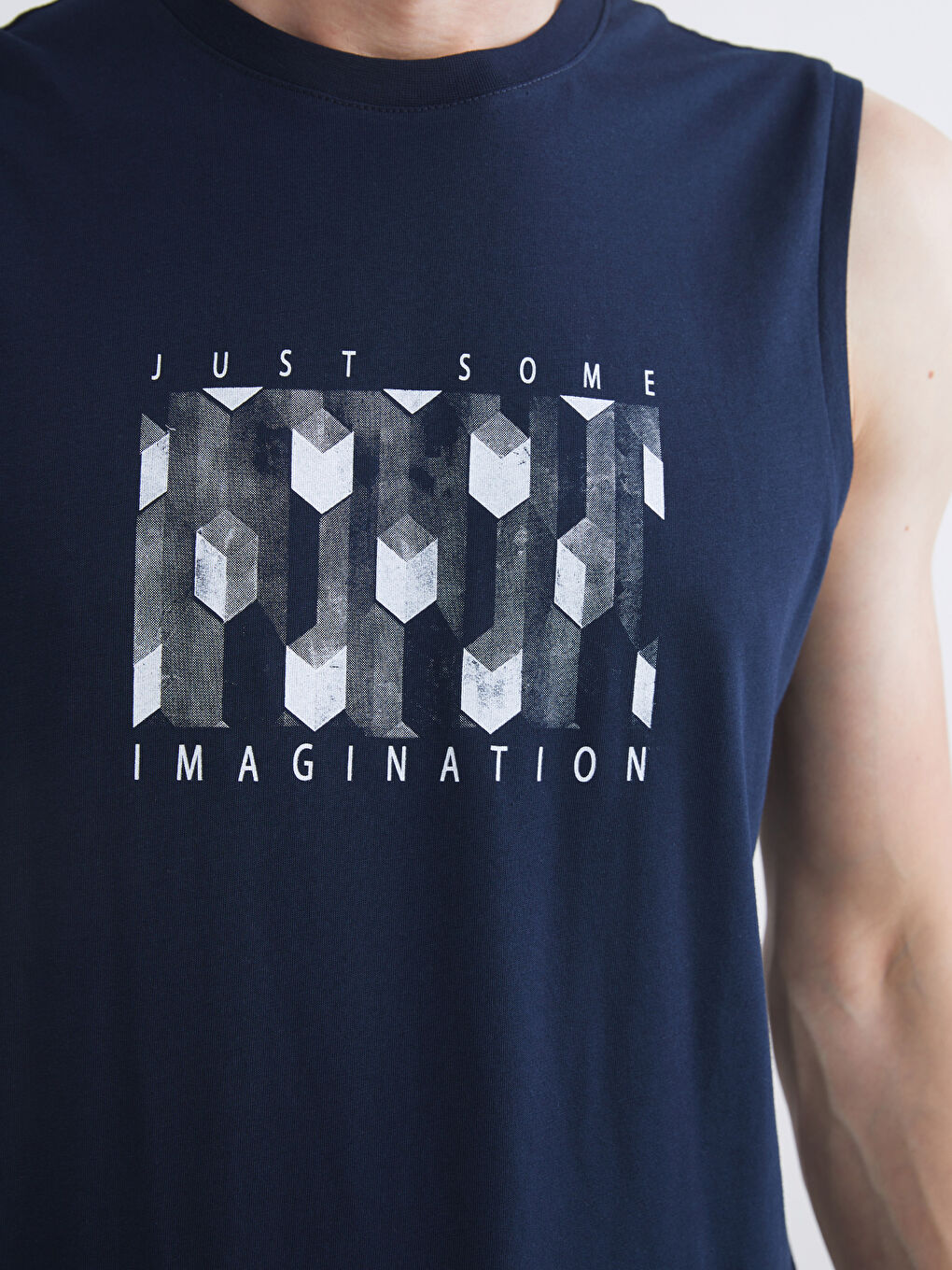 Lacivert Bisiklet Yaka Baskılı Erkek Kolsuz Tişört-2