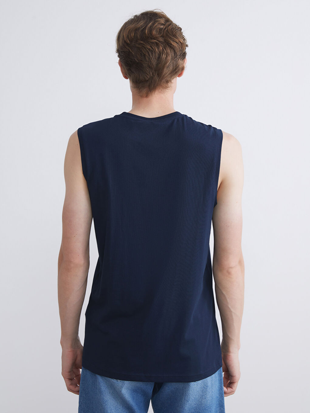 Lacivert Bisiklet Yaka Baskılı Erkek Kolsuz Tişört-3