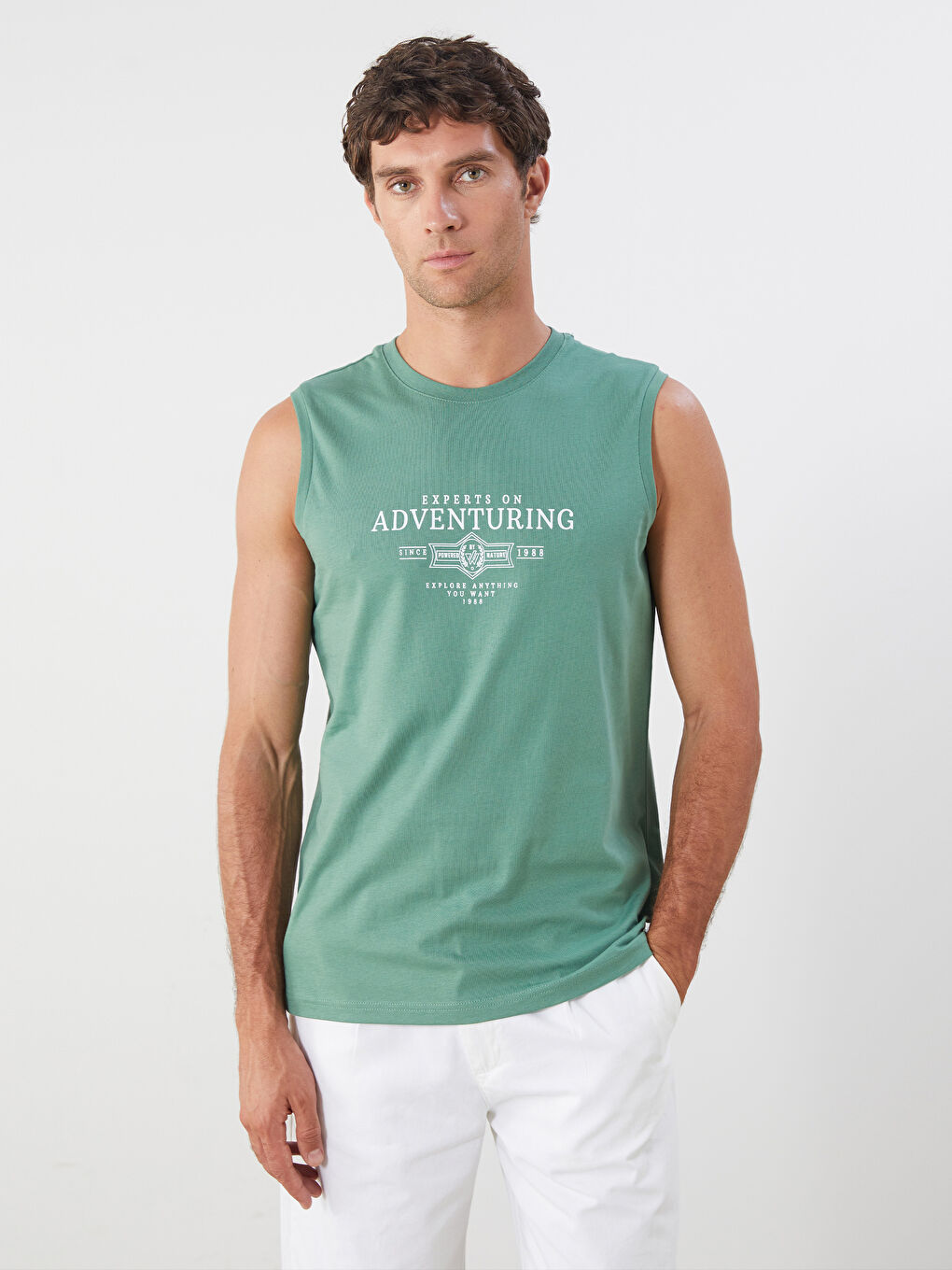 Yeşil Bisiklet Yaka Baskılı Erkek Kolsuz Tişört