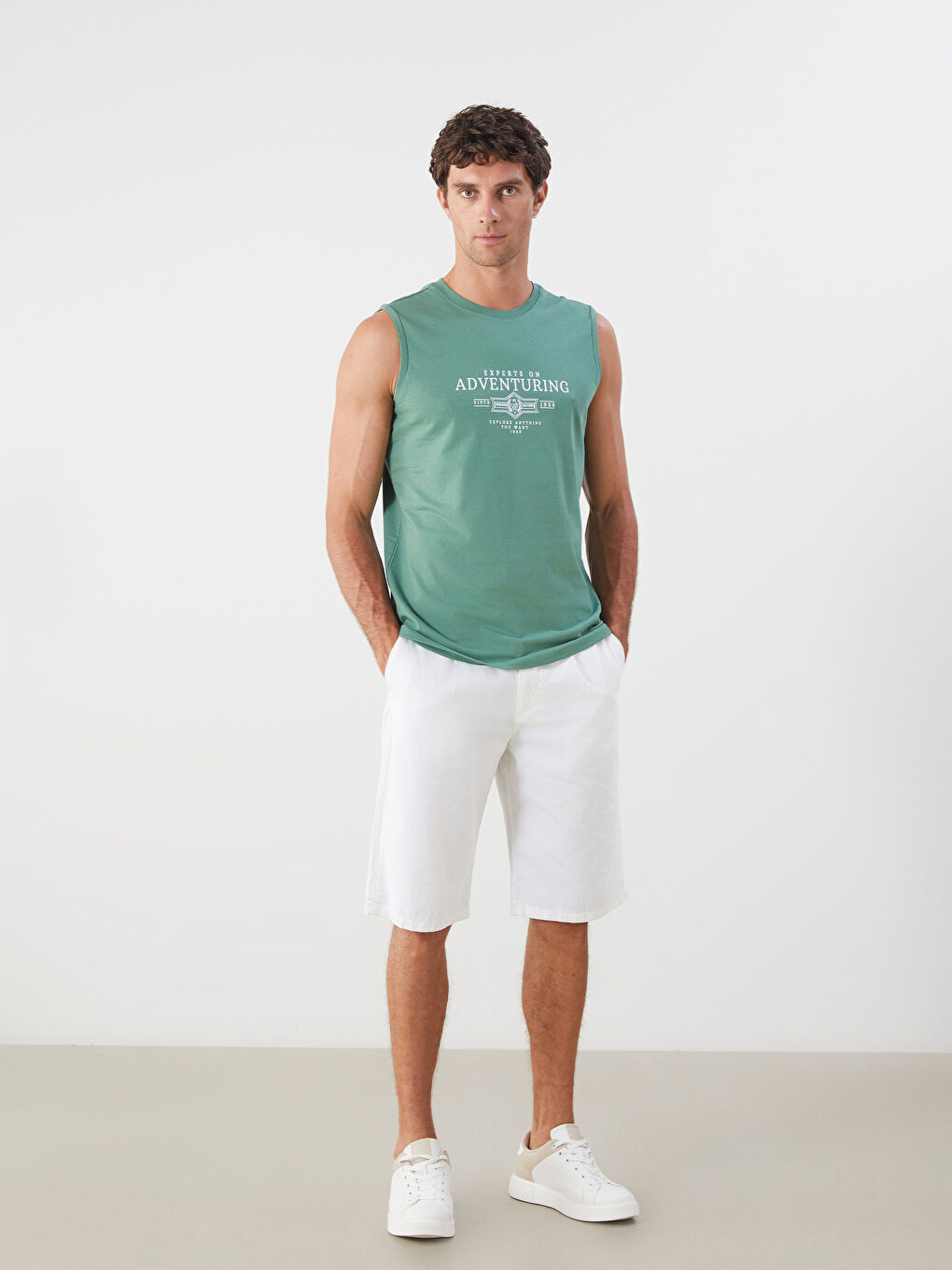 Yeşil Bisiklet Yaka Baskılı Erkek Kolsuz Tişört-1