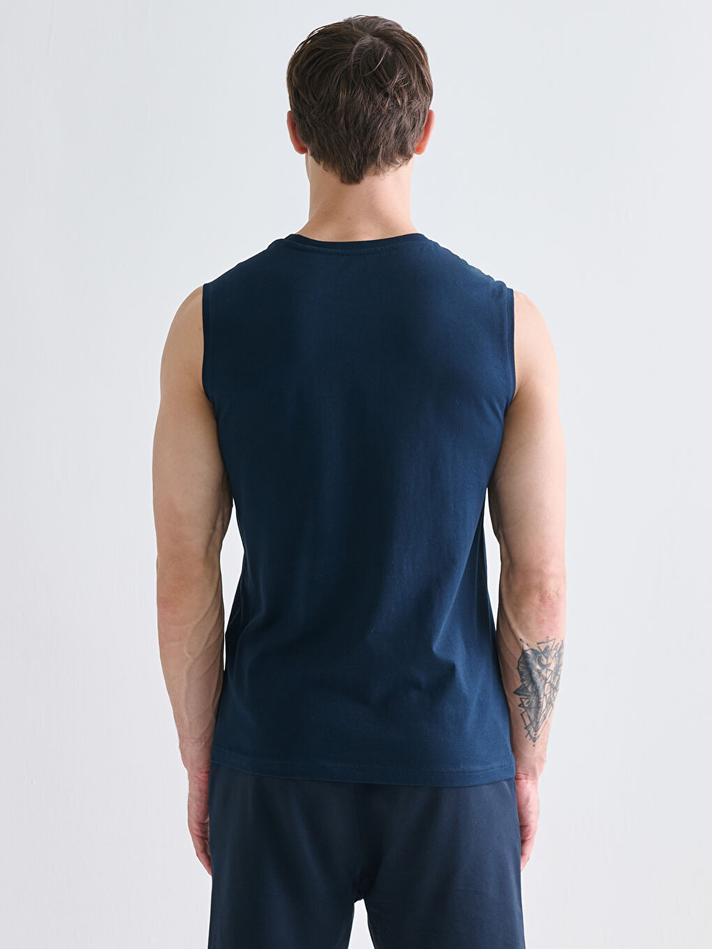 Lacivert Bisiklet Yaka Baskılı Erkek Kolsuz Tişört-3