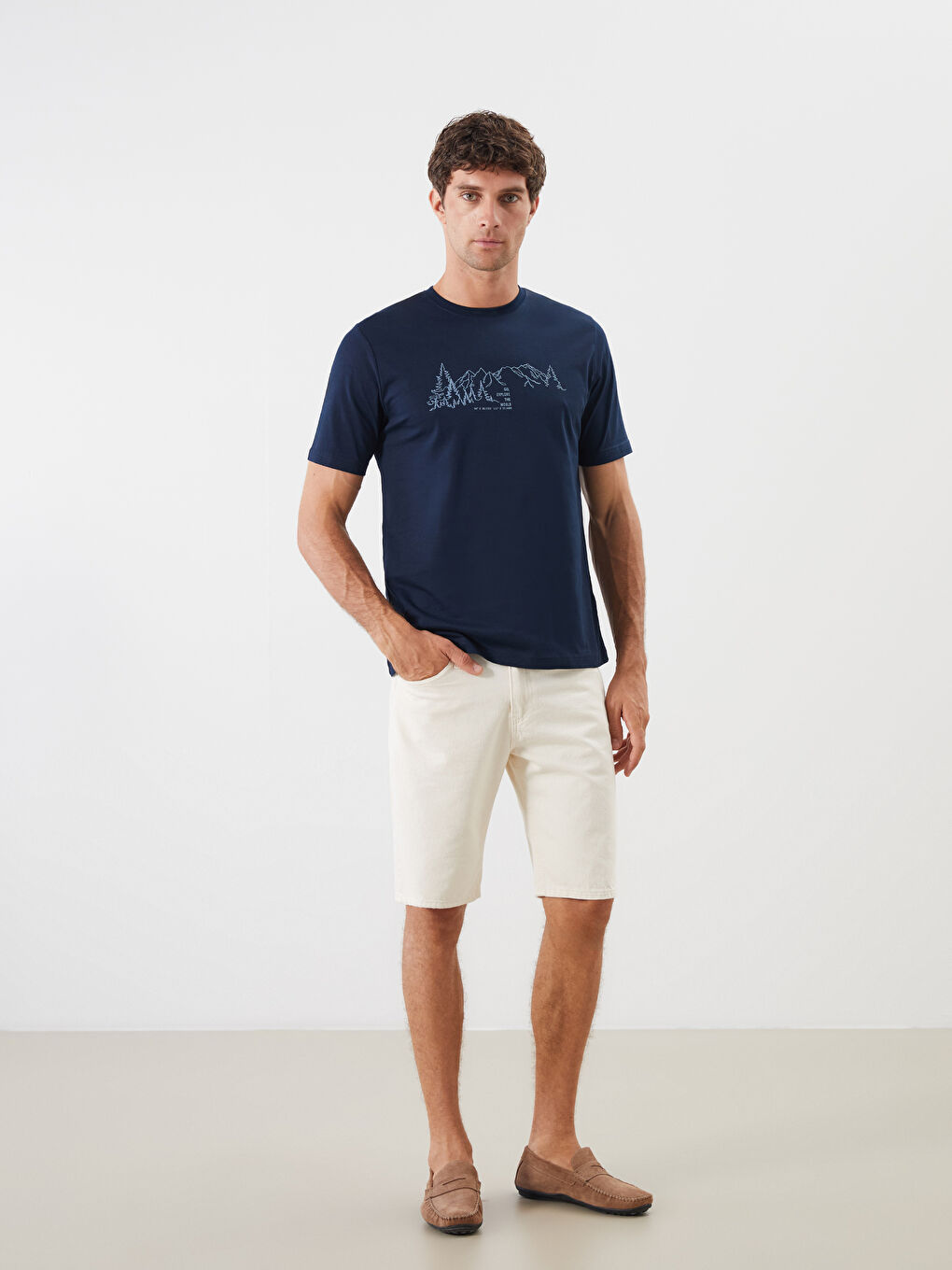 Lacivert Bisiklet Yaka Baskılı Penye Erkek Tişört-1