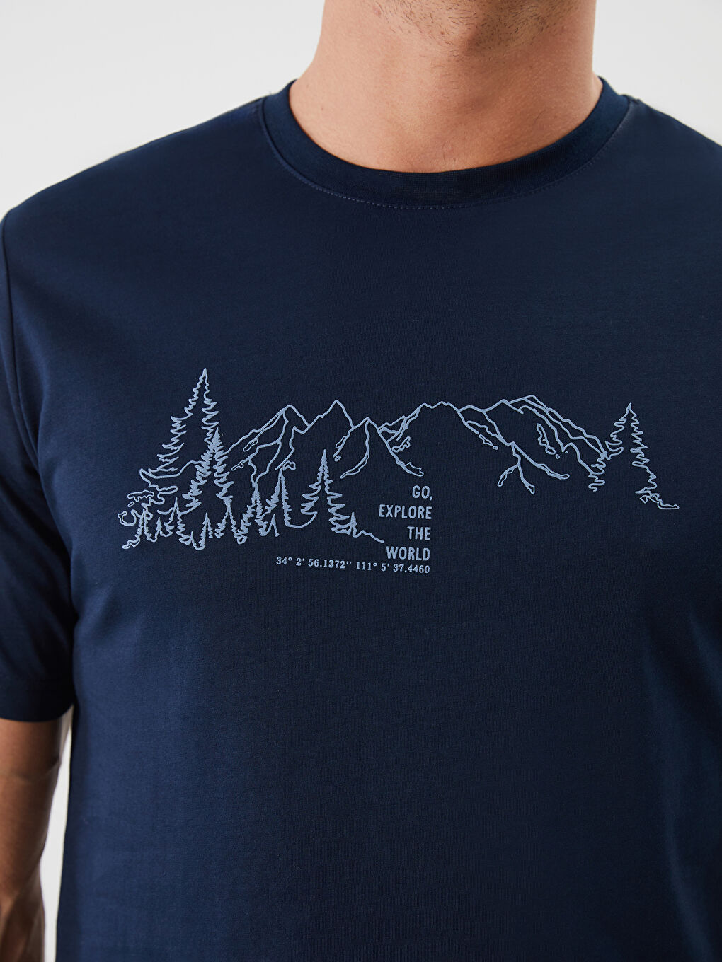 Lacivert Bisiklet Yaka Baskılı Penye Erkek Tişört-2