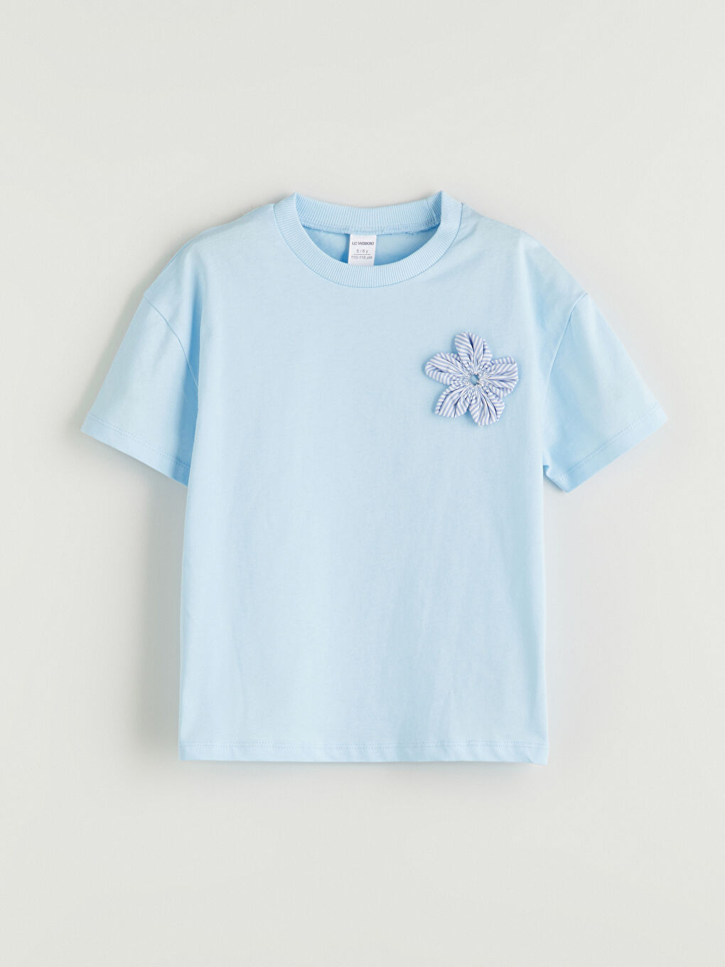 Mavi Bisiklet Yaka Çiçek Aplikeli Kız Çocuk Tişört