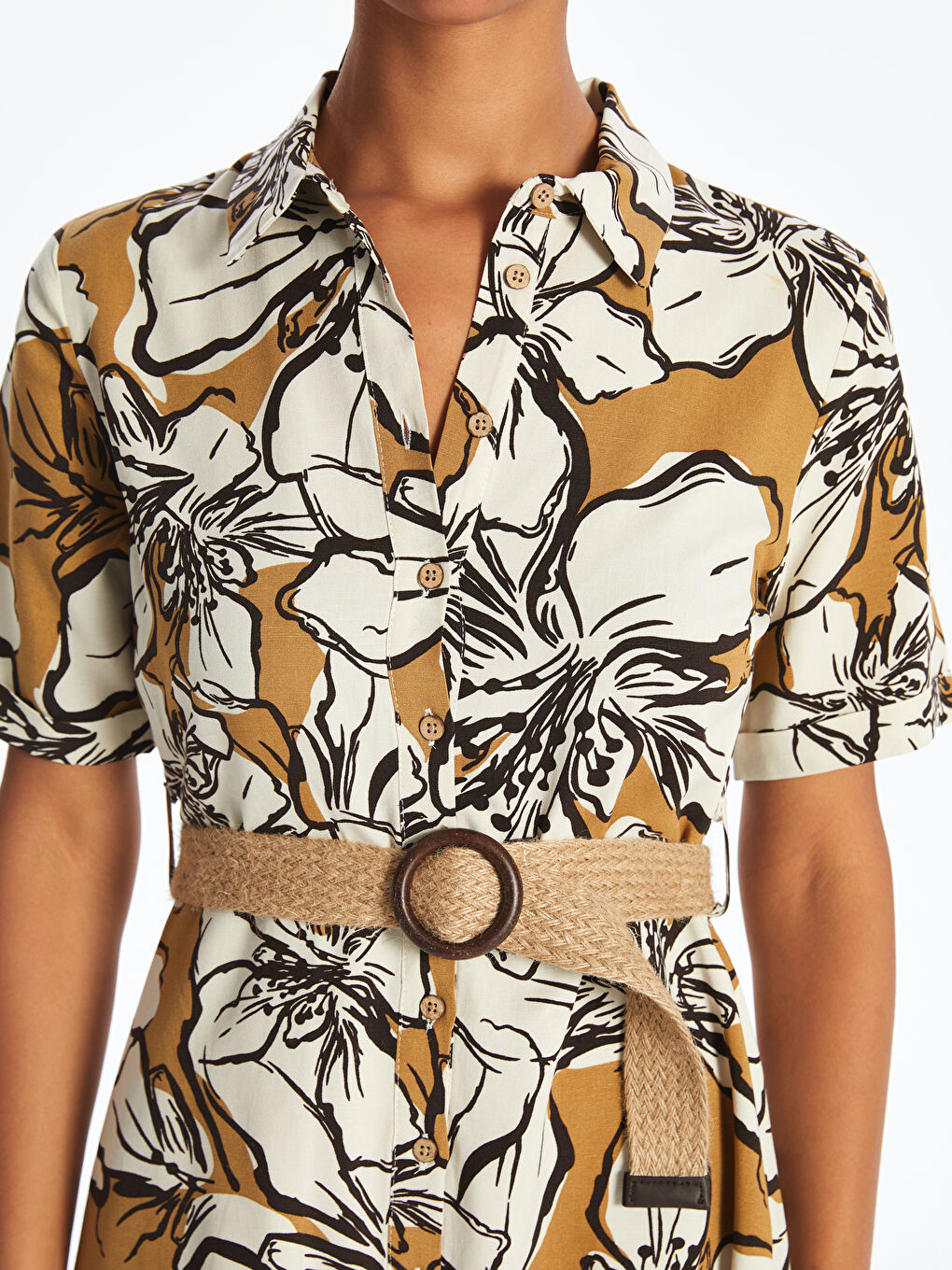 Bej Çiçekli Keten Karışımlı Gömlek Elbise-2