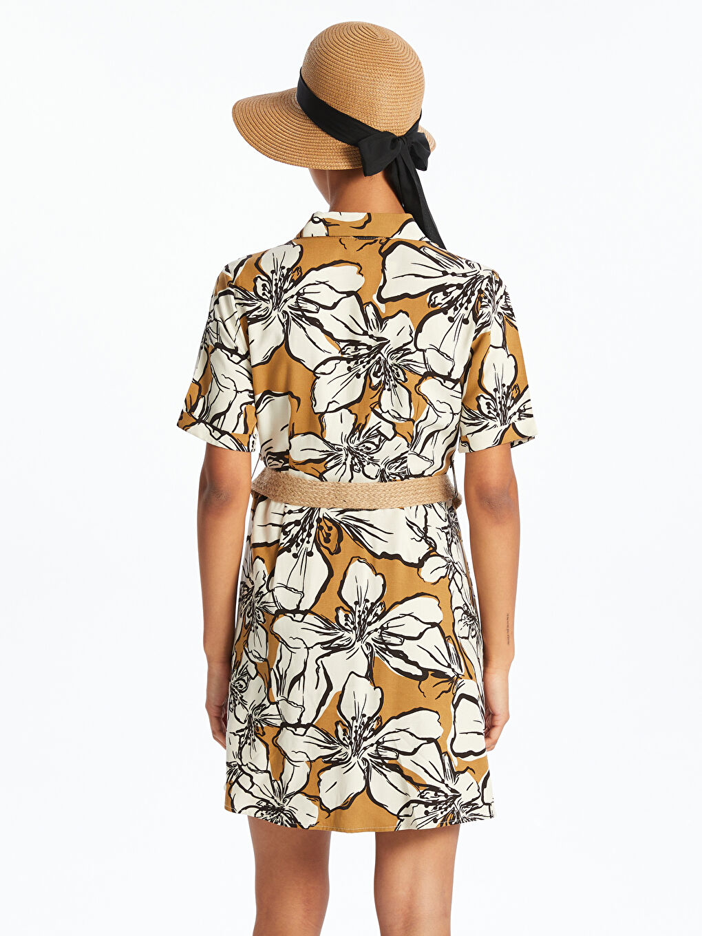 Bej Çiçekli Keten Karışımlı Gömlek Elbise-3